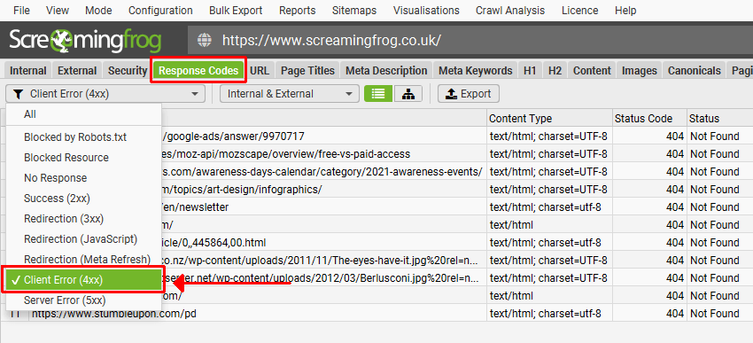 Screenshot of Screaming Frog software to finds broken links